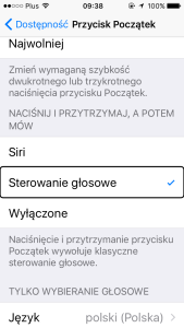 Zrzut ekranu Ustawień iOS10.2 odpowiedzialnych za włączanie Sterowania Głosowego