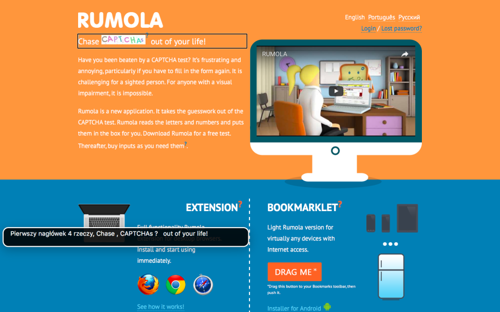 Zrzut ekranu ze strony głównej projektu Rumola