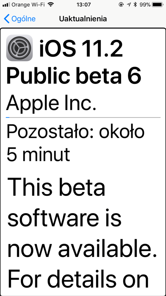 Zrzut ekranu z iPhone - Informacja o dostępności uaktualnienia do wersji 11.2.6