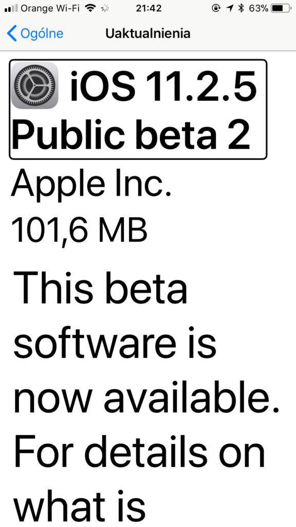 Zrzut ekranu z iPhone - Informacja o dostępności drugiej publicznej bety 11.2.5
