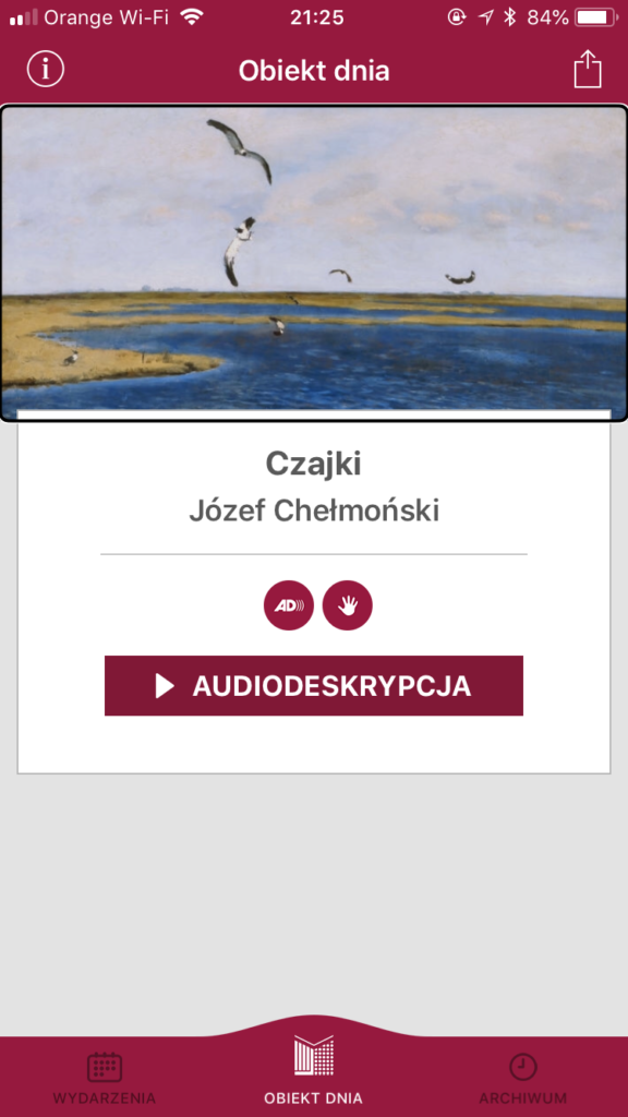 Zrzut ekranu z obiektem dnia, obrazem Józefa Chełmońskiego - Czajki
