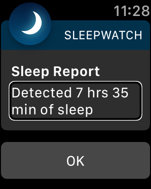 Zrzut ekranu z Apple Watch - Informacja o długości snu