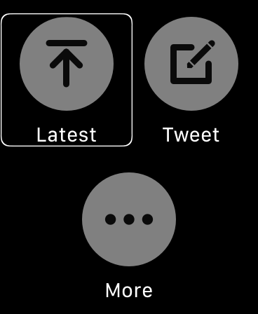 Zrzut ekranu z Apple Watch - Widoczne przyciski Latest, Tweet, More.