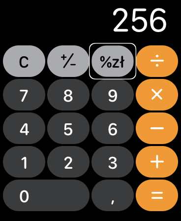 Zrzut ekranu z Apple Watch - Okno Kalkulatora z wpisaną liczbą 256 i podświetlonym przyciskiem Napiwek.