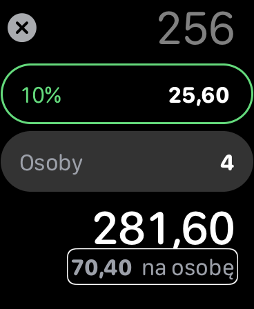 Zrzut ekranu z Apple Watch - Okno wyliczenia napiwku z podświetloną kwotą za jedną osobę.