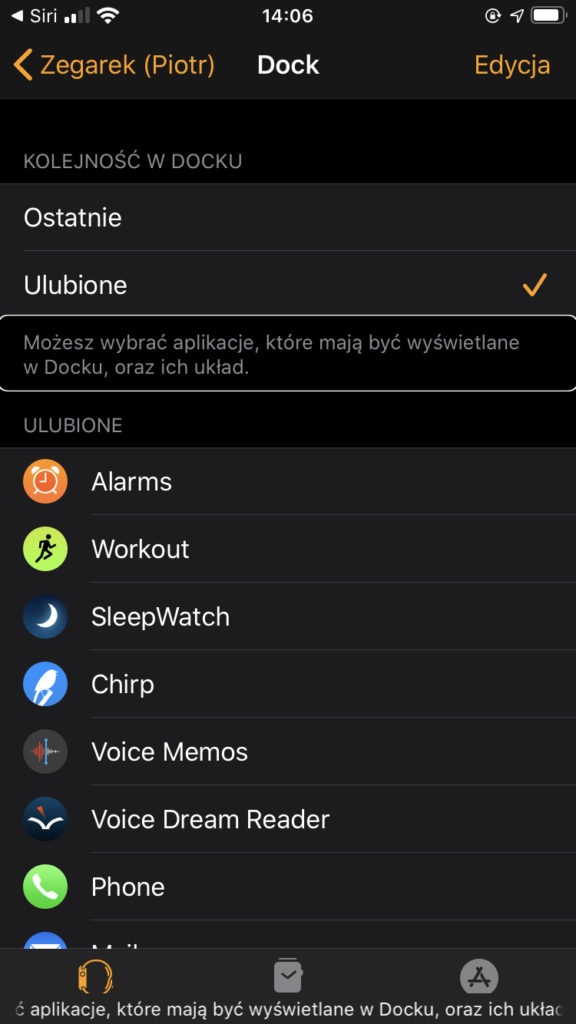 Zrzut ekranu z iPhone z aplikacji Watch - Ustawienia kolejności aplikacji wyświetlanych w docku. Na ekranie napis: Możesz wybrać aplikacje, które mają być wyświetlane w Docku, oraz ich układ.