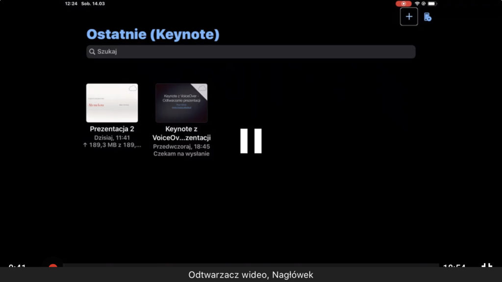 Kadr z nagrania demonstrujący okno mobilnej aplikacji Keynote z wyborem zapisanych prezentacji