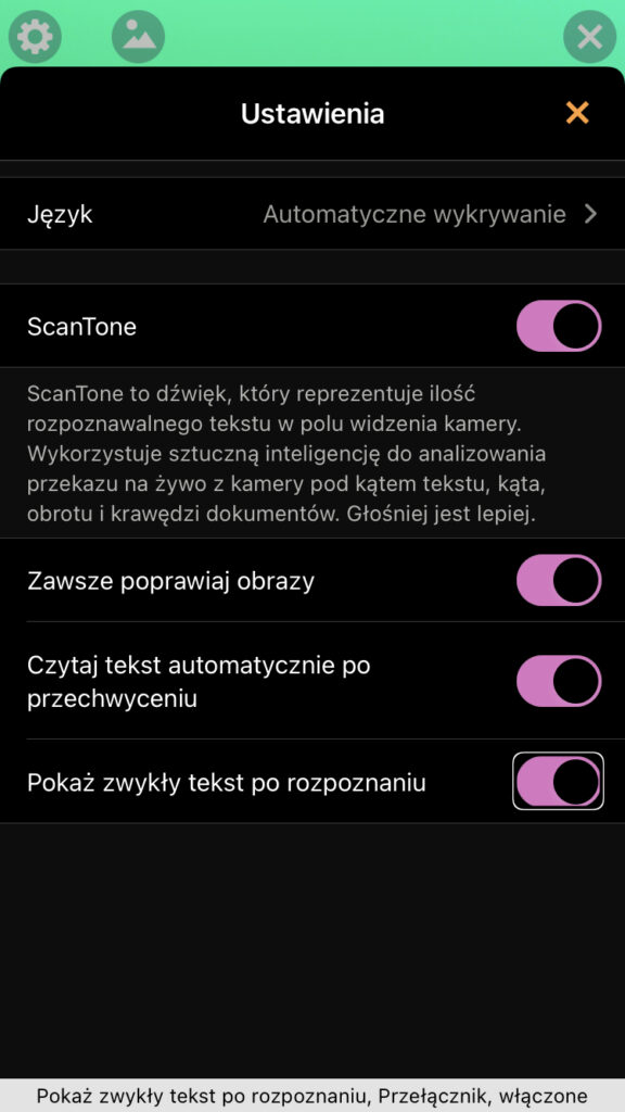 Zrzut ekranu - Ustawienia skanowania w aplikacji Voice Dream Reader