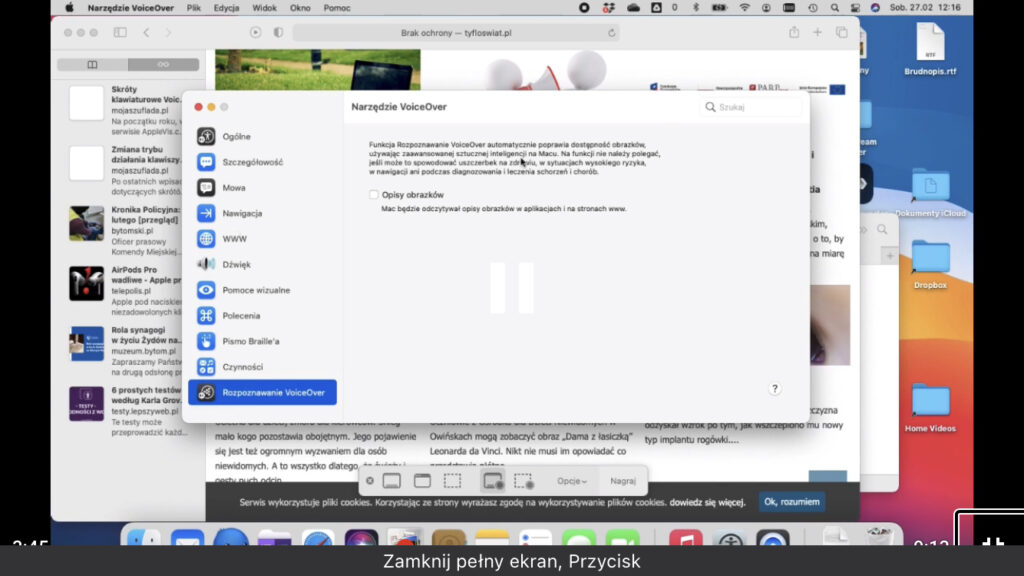 Zrzut ekranu - Ustawienia VoiceOver z rozwiniętą opcją Rozpoznawanie VoiceOver