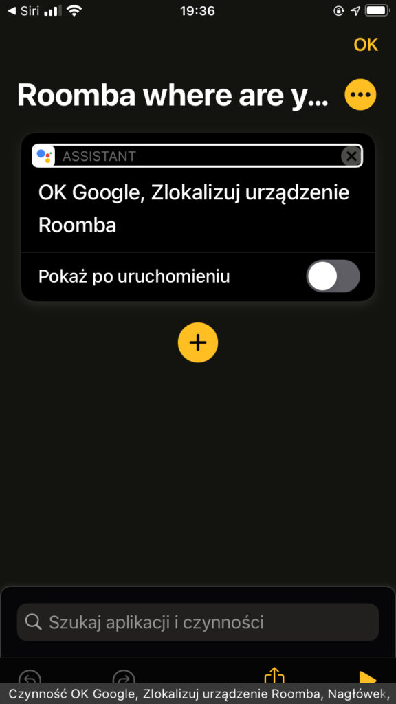 Zrzut ekranu z aplikacji Skróty - Ekran skrótu o nazwie Roomba wheee arę you?