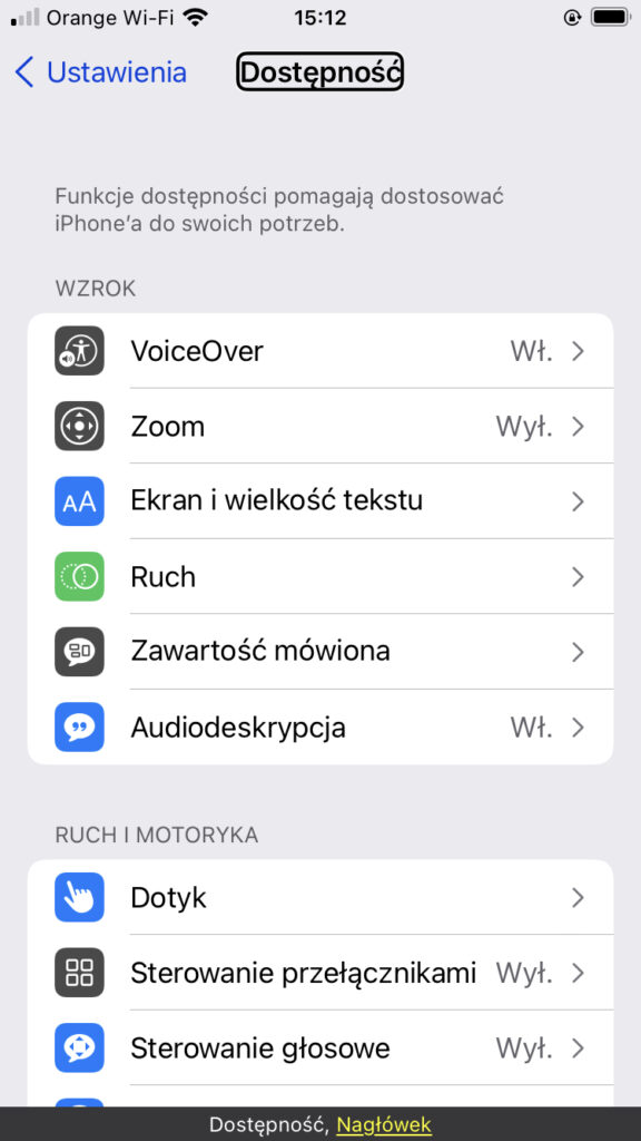 Okno ustawień dostępności w systemie iOS15