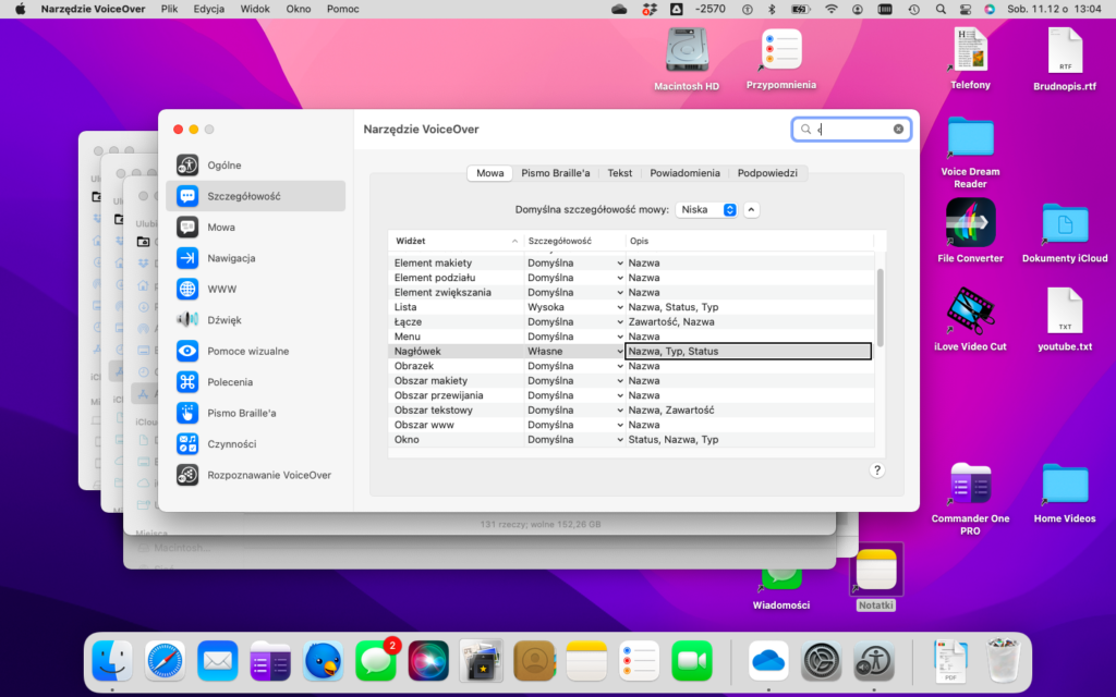 Okno Narzędzia VoiceOver w systemie macOS, karta Szczegółowość, fokus w tabeli Własna Szczegółowość