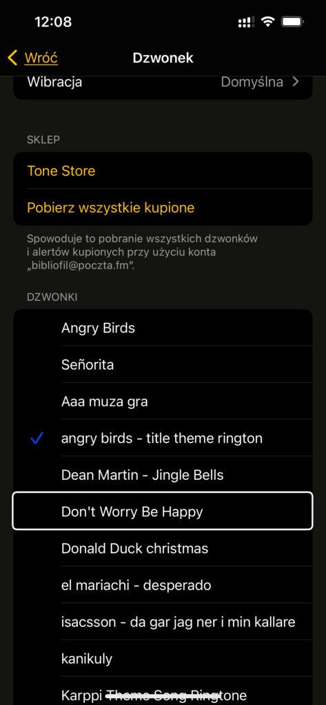 Zrzut ekranu - Lista utworzonych dzwonków w iPhone