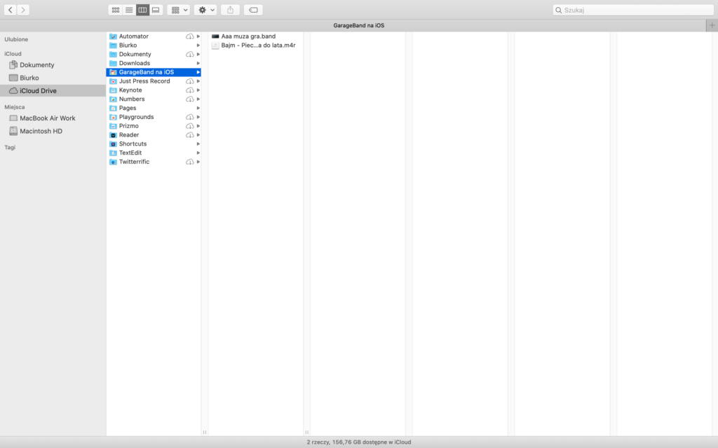 Zrzut ekranu - Otwarty katalog iCloud w systemie macOS, z widocznym folderem o nazwie GarageBand na iOS