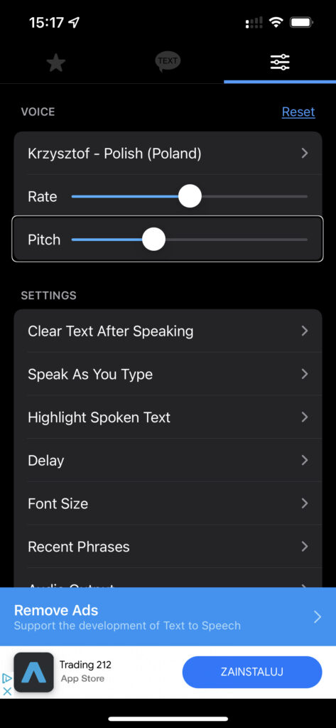 Okno ustawień aplikacji Text To Speech
