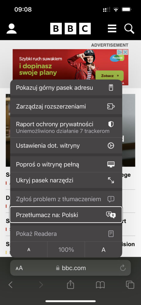 Widok Ustawień Strony z podświetloną opcją: Przetłumacz na Polski
