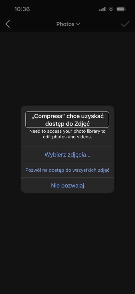 Zrzut ekranu - Komunikat systemu iOS z prośbą o udzielenie dostępu do nagrań zgromadzonych w aplikacji Zdjęcia.