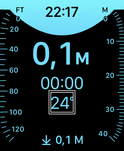Zrzut ekranu Apple Watch Ultra - Informacja na ekranie o zanurzeniu na głębokość 0,1m oraz temperaturze wody 24c.