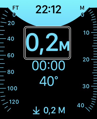 Zrzut ekranu Apple Watch Ultra - Informacja na ekranie o zanurzeniu na głębokość 0,2m oraz temperaturze wody 40c.