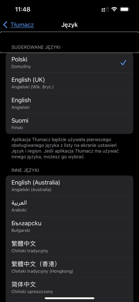 Zrzut ekranu z Ustawień aplikacji Tłumacz, z wyborem preferowanych języków