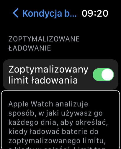 Ekran Apple Watch - Opcje zoptymalizowanego limitu ładowania
