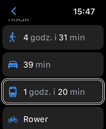 Zrzut ekranu z propozycją różnych typów transportu i przewidywanym czasem dotarcia do celu
