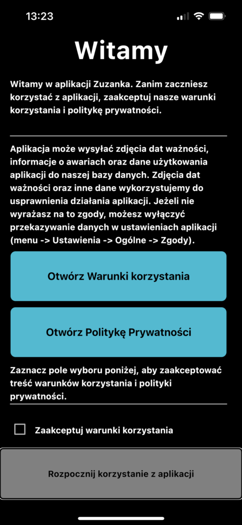 Zrzut ekranu z aplikacji Zuzanka, prezentujący warunki korzystania i politykę prywatności