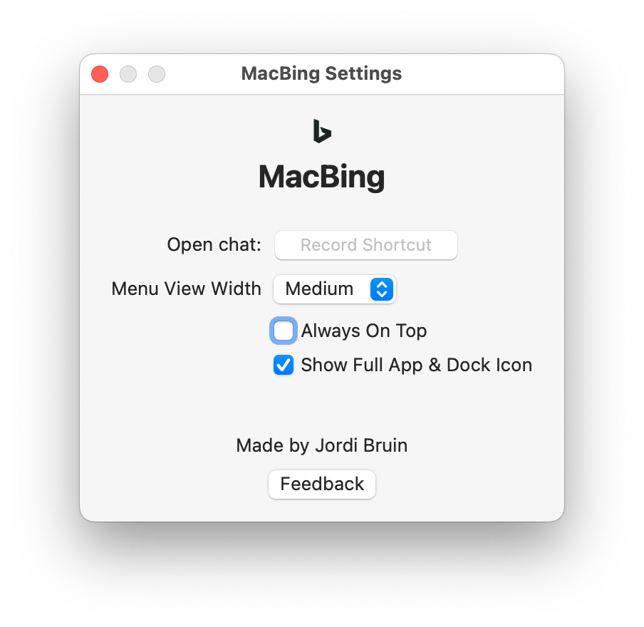 Okno ustawień aplikacji MacBing.