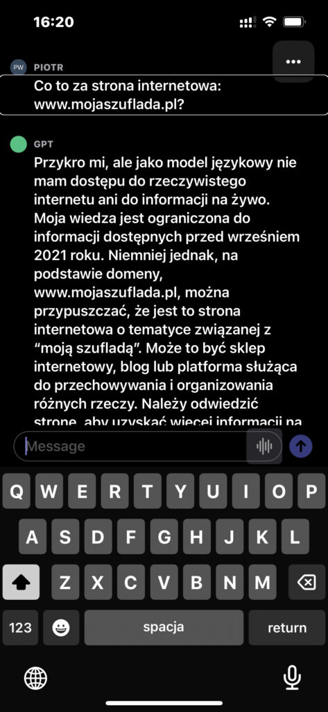 Zrzut ekranu głównego okna aplikacji Chat GPT z pytaniem: Co to za strona internetowa www.mojaszuflada.pl?