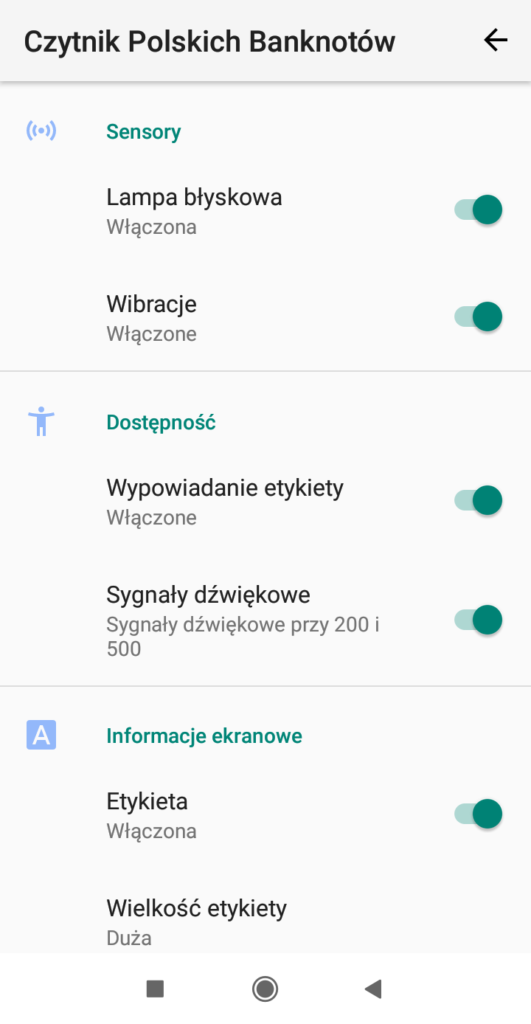 Ekran ustawień aplikacji Czytnik Polskich Banknotów
