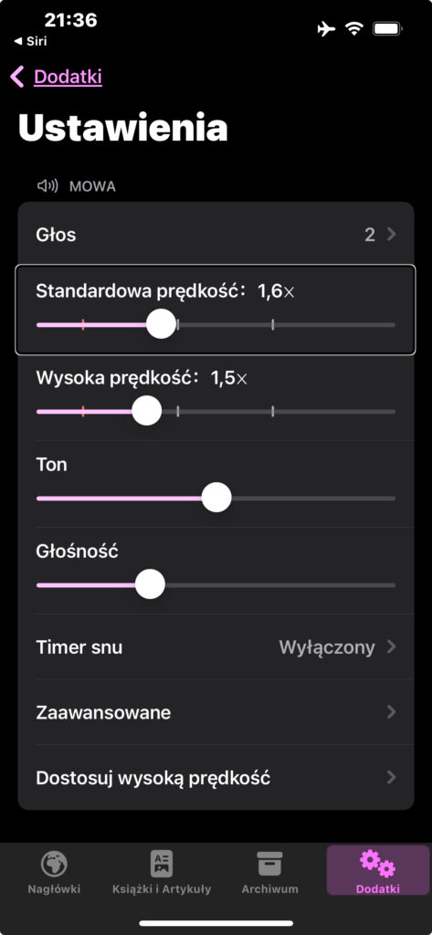 Widok ustawień aplikacji Speech Central w systemie iOS