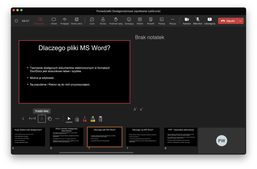 Prezentacja otwarta w aplikacji Teams. Na slajdzie widnieje tytuł "Dlaczego pliki MS Word?". Poniżej pytania znajdują się trzy punkty z odpowiedziami.
Po prawej stronie ekranu jest pasek narzędzi z różnymi ikonami, w tym opcją "Opuść" zaznaczoną na czerwono.